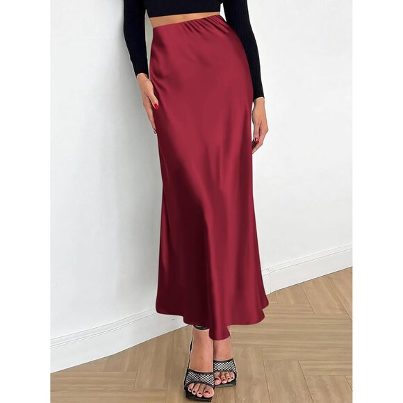 Elegant Satin Maxi Skirt for Women High Waisted Wine Red Silk Fall Dressy Casul - Picture 4 of 7